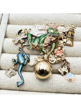 Kirks Folly Brooch Frog Prince Crytal Enamel Gold Tone Pin 2.75 Inch Fantasy